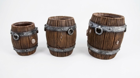 Outside deco figure designed as a round wooden barrel in various sizes