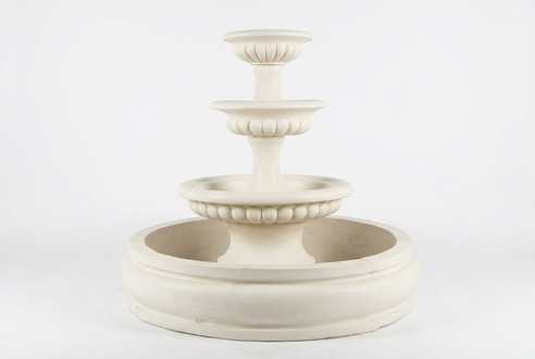 Decorative garden pond fountain consists of four round bowls made of weather-resistant cement