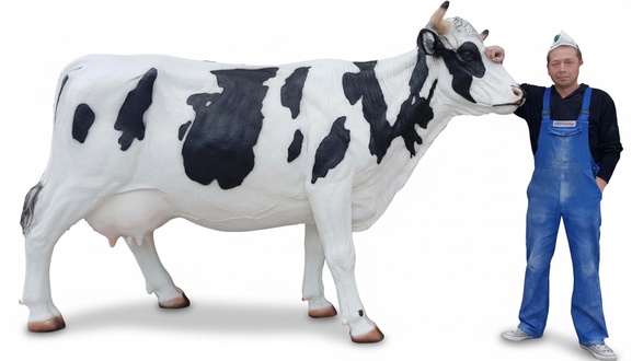 Decorative sculpture designed as a massive black/white cow figure 170 cm height