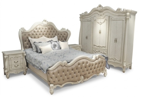 Baroque style made of real wooden bedroom set of chesterfield design double bed & 2x-bedside tables