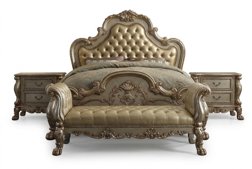 Baroque style royal bedroom set of chesterfield design double bed & 2x-bedside tables