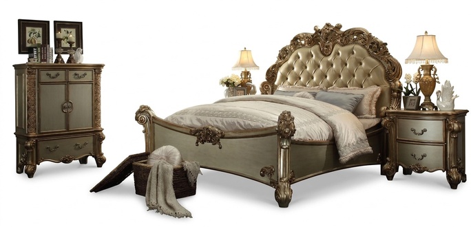 Classic baroque style chesterfield design set of double bed & 2x bedside tables