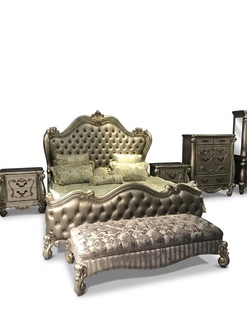 Baroque style made of real wooden set of chesterfield double bed & 2x-bedside tables