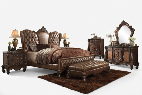 Bedroom set of chesterfield design baroque style double bed & 2x-bedside tables