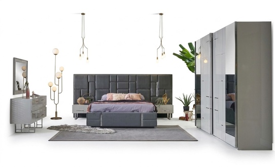 Bed Frame Bedroom Double Bed Gray Wood Set 6 Piece Wardrobe