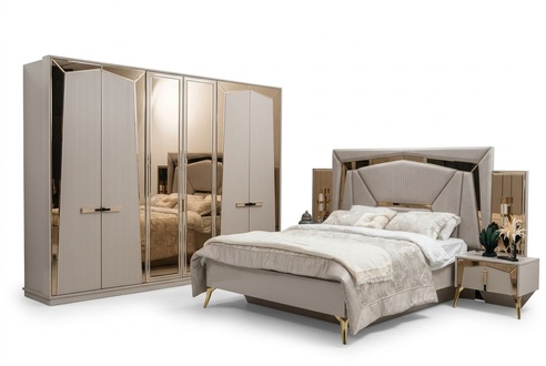 Bed Nightstands Wardrobe Mirror Door Beige Gold Bedroom Set 4-piece.
