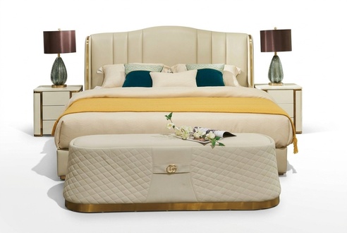 Modern style made of real wooden massive luxury double bed leathered