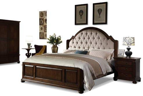 Luxurious Double Bed Upholstered Faux Leather Real Wood Brown Bed Frame Chesterfield Headrest New