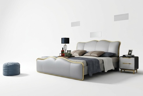 Designer leather double bed in modern style stainless steel made of real wooden frame