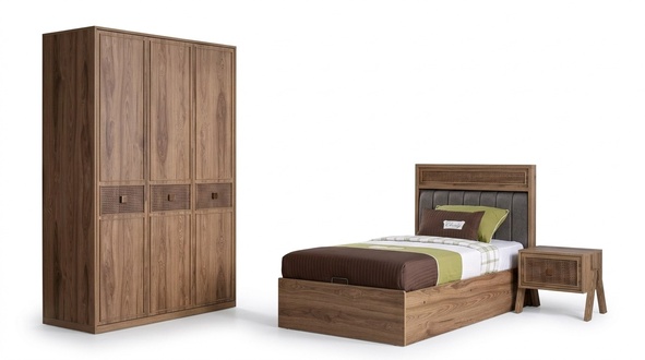 Bed Wooden bed with bed base set youth bed wood brown set 3pcs