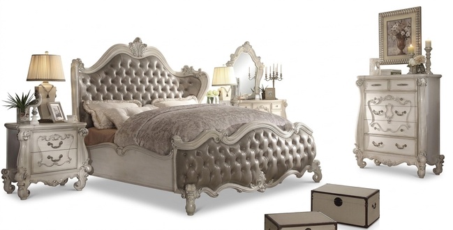 Classic rococo style chesterfield design bedroom set of double bed & 2x-bedside tables