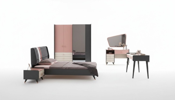 Bedroom 6-piece bed Bedside table Wardrobe Chest of drawers Mirror Desk