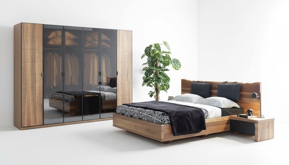 Bedroom Bed 2x Bedside Table Wardrobe Set Wood Modern Set