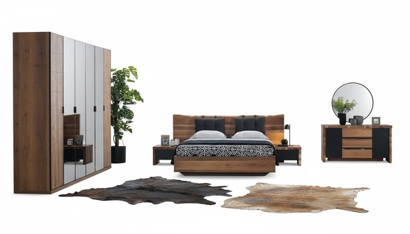 Bedroom Bed 2х Nightstand Wardrobe Chest of Drawers Mirror Set 6tlg
