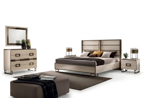Bedroom bed bedside table chest of drawers mirror upholstered bed double bed set 5 pieces.