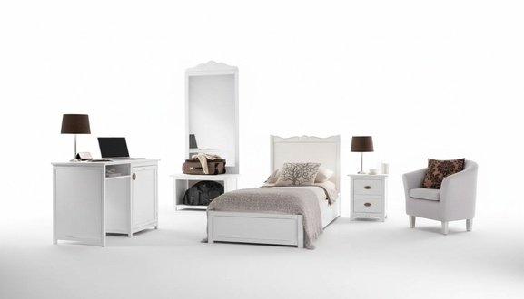 Bedroom Bed Bedside Table Desk Standing Mirror Group Set 4 pcs.