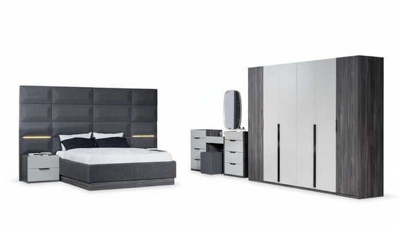 Bedroom Bed Nightstand Wardrobe Chest of Drawers with Mirror Furniture Set 5pcs