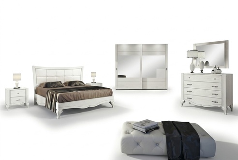 Bedroom Bed Nightstand Wardrobe Chest of Drawers Mirror White Luxury Set 6 pcs