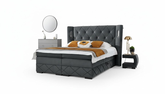 Bedroom bed double textile beds upholstery complete 2x bedside tables wood