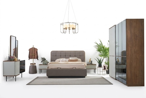 Bedroom Complete Set 5-Piece Double Bed Brown Wood Bed Bed Frame