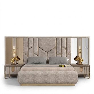 Bedroom double bed set bedside tables 3-piece beige luxury