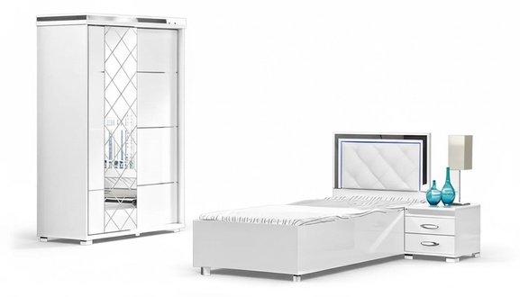 Bedroom furniture bed nightstand wardrobe 3-piece white single bed