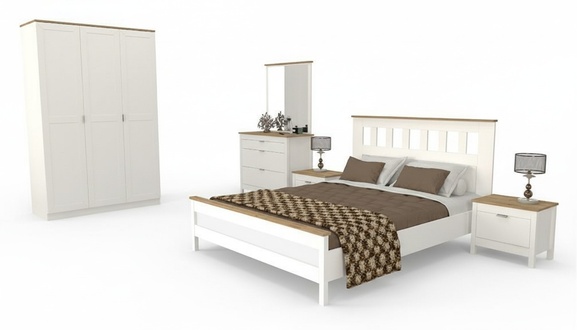 Bedroom furniture complete set bed 2x nightstands cabinet white 5 pieces.