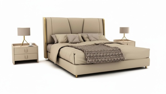 Bedroom Designer Beige Bed Double Beds LED Beds Leather Beds