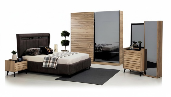 Bedroom furniture Designer upholstered bed 2x bedside tables Wardrobe