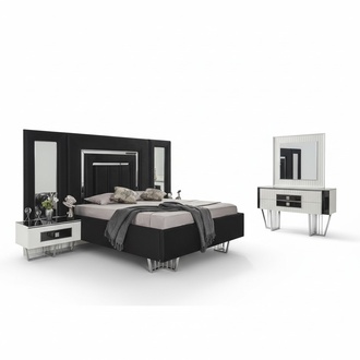 Bedroom furniture luxury bed textile with bedside tables chest of drawers mirror 5 pieces.