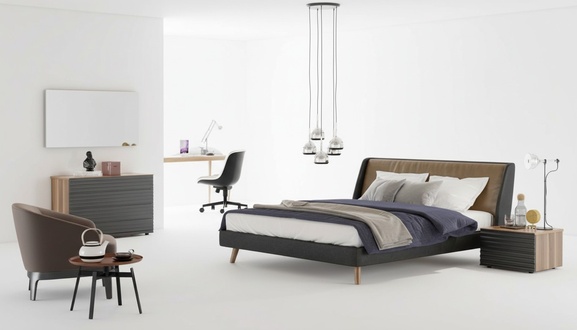 Bedroom set Bed frame Bedside tables Chest of drawers Mirror Wooden furniture