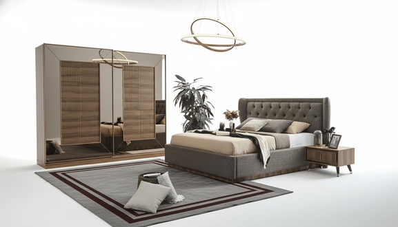 Bedroom set Upholstered bed 2x bedside tables Wardrobe 4-piece set