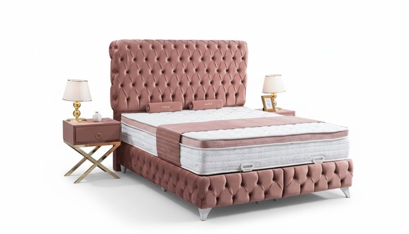 Bedroom Pink Chesterfield bed design luxury 2x bedside tables 3pcs.