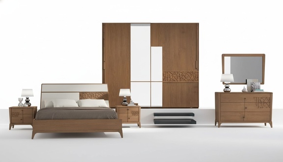 Bedroom Set 6pcs. Luxury Bed 2x Bedside Tables Wardrobe Wood New