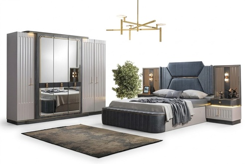 Bedroom set bed 2x bedside tables closet 4-piece design wardrobe