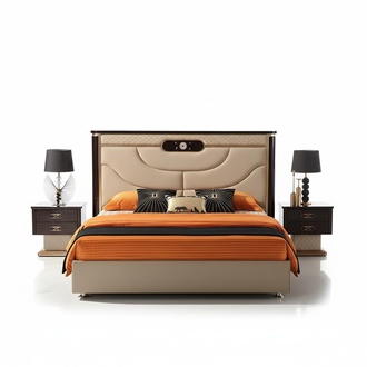 Modern style bedroom set of massive marriage leather double bed & 2x-gloss bedside tables