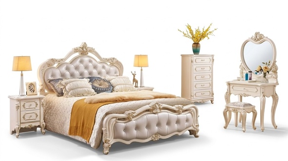 Bedroom set bed 2x bedside tables dressing table stool chest of drawers 6 pieces luxury