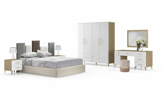 Bedroom Set Bed 2x Bedside Table Chest of Drawers 7pcs Design Luxury