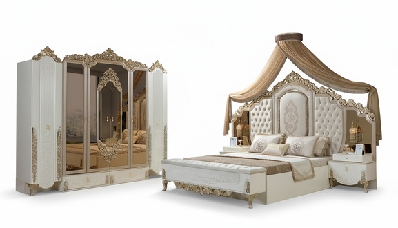 Bedroom set bed 2x bedside tables stool luxury new 5-piece design wood