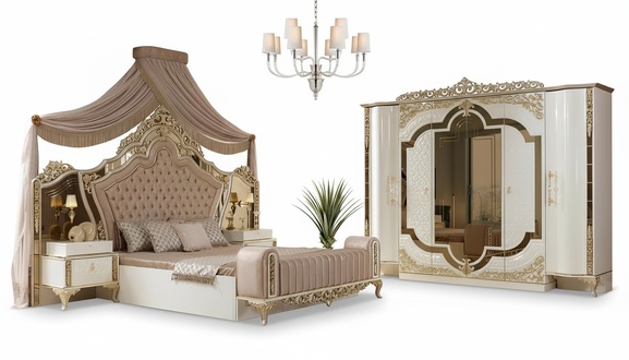 Bedroom set bed 2x bedside tables design luxury new 5-piece white