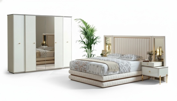 Bedroom Set Bed 2x Bedside Tables Wardrobe Furniture 4 pcs Beige