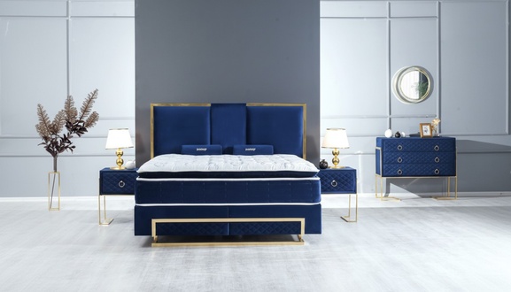 Bedroom Set Bed Blue Stool Dresser Design Luxury 2x Bedside Tables 5pcs New