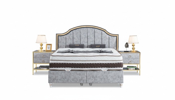 Bedroom set bed gray metal fabric design luxury 2x nightstands 3 pieces. New