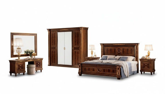 Bedroom set of double bed, 2x bedside console, dressing table, mirror, wardrobe & stool in antique style italian furniture arredoclassic™