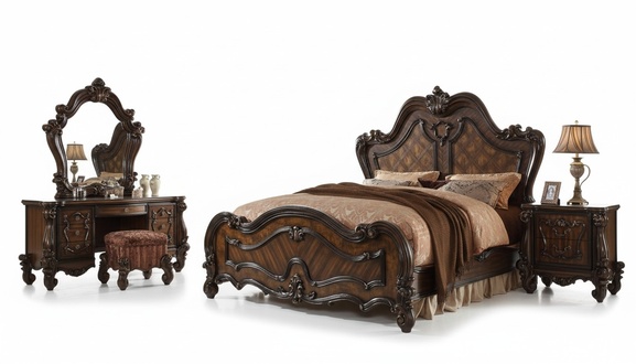 Bedroom set bedside tables bed 5 pieces. Baroque rococo antique style wooden bed new
