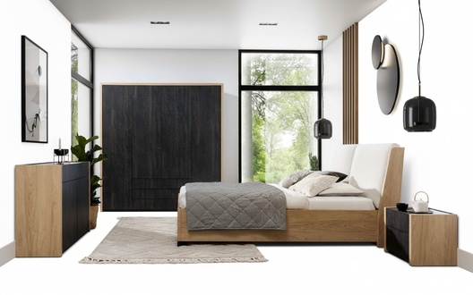 Bedroom Set Beige Bed 2x Bedside Tables Chest of Drawers Modern 5pcs.