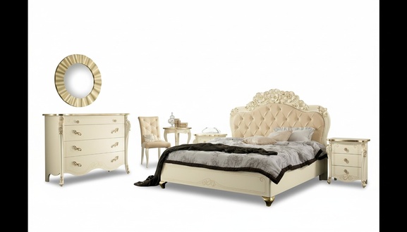 Bedroom Set Beige Bedroom Bed Bedside Table Chest of Drawers Mirror Chair 6 Pieces.