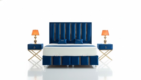 Bedroom Set Blue Metal Bed Elegant Style 2x Bedside Tables 3pcs.