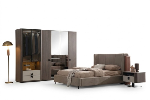 Bedroom Set Brown Wood Modern with Bed, Wardrobe