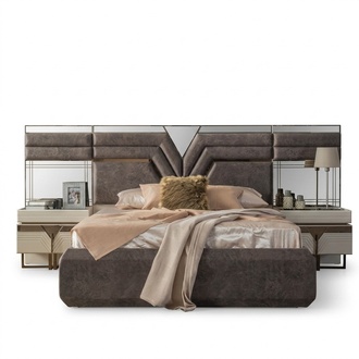 Bedroom Set Double Bed Bed Bedside Table Set 3pcs Grey Modern